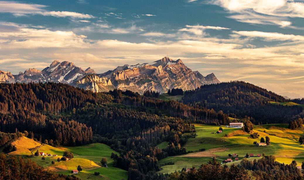 View Alpstein from Waldstatt Alpstein panorama on a hike through Appenzellerland
